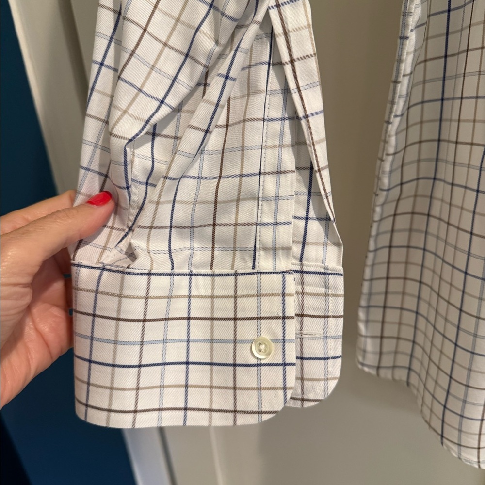 H Stockton brown and blue windowpane check Long Sleeve Shirt